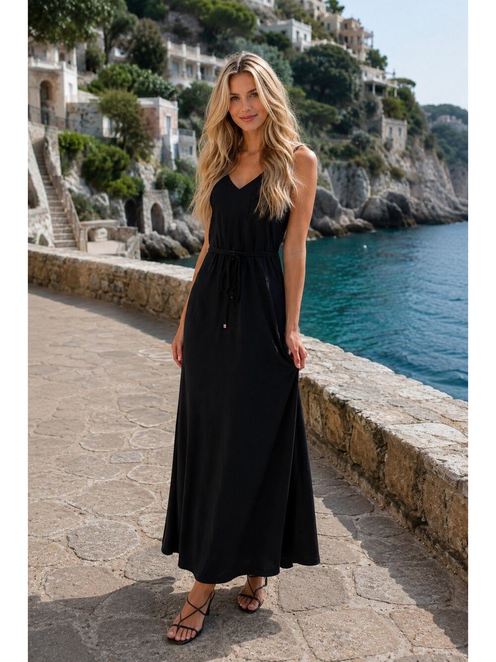 Ann Taylor Double Strap Black V-Neck Tie Waist Sleeveless Maxi Dress Size 6 NWT